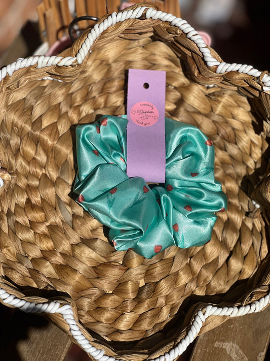 Green Floral Satin Hair Schrunchie