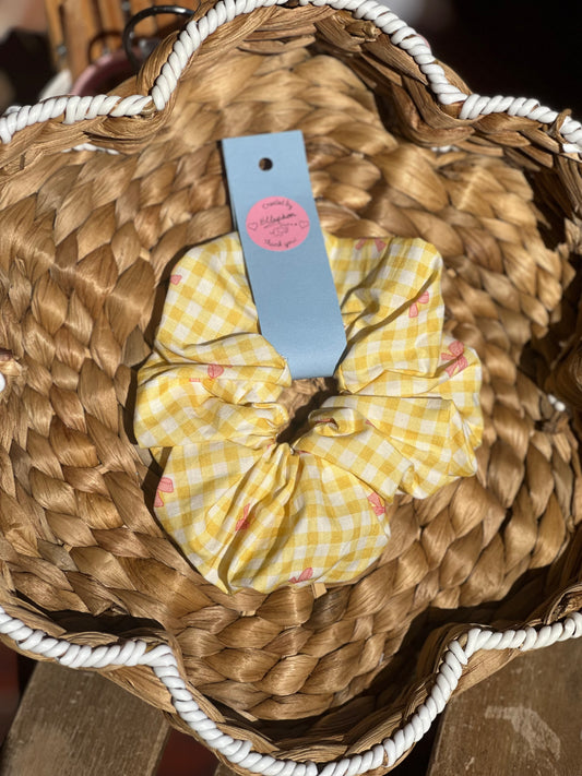 Pink Ribbon in Lemon Checks Hair Scrunchie