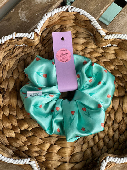 Green Floral Satin Hair Schrunchie