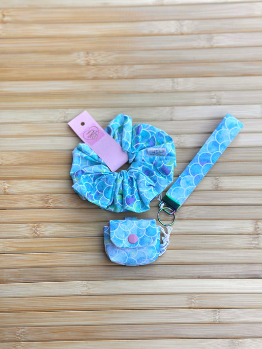 Ellephon studios blue mermaid bundle scrunchie wristlet AirPod case pink button