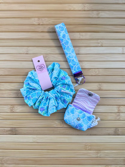 Ellephon studios blue mermaid bundle scrunchie wristlet AirPod case pink open case inner