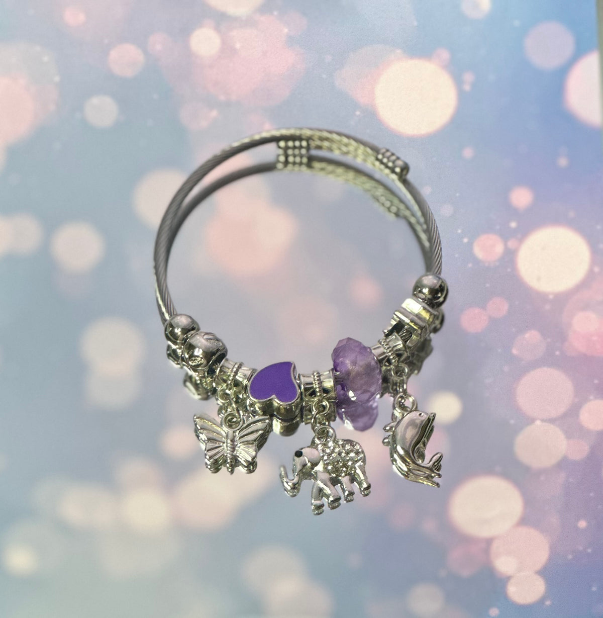 B-Silver cuff bracelet with Purple Heart and charms