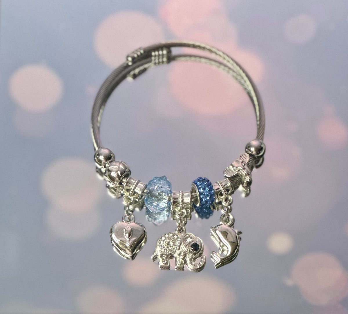 Elephant Bracelet - Light Blue Beads