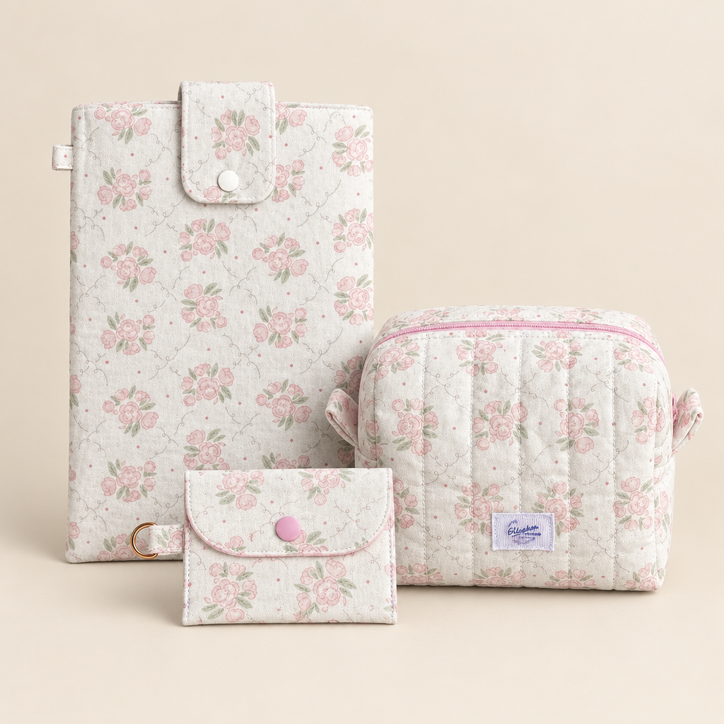 Pink Flora Bundle with book sleeve, card case and cosmetic pouch